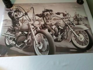 Vintage Looney Tunes Bugs Bunny And Taz On Motorcycles Poster 1996