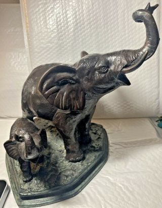 Vintage Maitland - Smith Bronze Sculpture Of Elephant W/baby Elephant Calf W/label