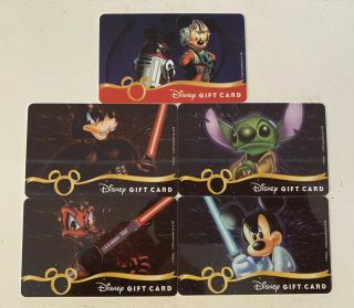 2013 - 2014 Star Wars Disney Gift Card Set Of 5 Mickey Donald Stitch Goofy R2 - Mk