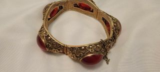 Vintage Chinese Export Floral Gilt Gold Silver Red Jade Carnelian Bracelet 4