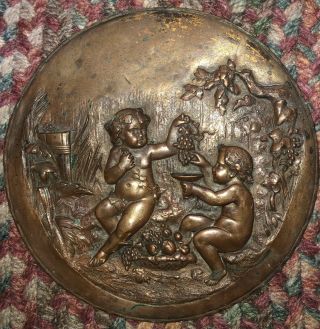 Antique Bronze Round Relief Wall Plaque Cherub Putti Angels