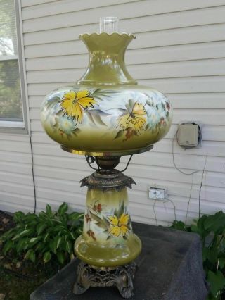Vintage Hurricane Lamp Green With Yellow Flowers Very Large 30 " Tall Gwtw