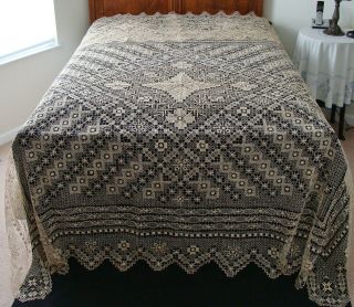 Antique Mondano Filet Lace Bedspread Coverlet Tablecloth & 2 Pillow Shams Doily