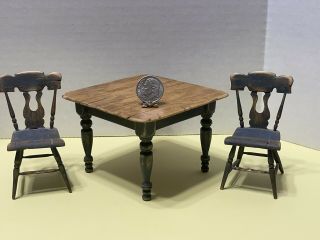 Vtg Artist C Malon Aged Square Kitchen Table & Chairs Dollhouse Miniature 1:12
