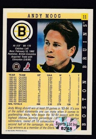 Andy Moog Hand Signed 1992 - 93 Score Hockey Card 11 Bruins 2