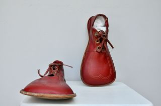 Vintage Red Leather Clown Shoes Circus W/ Heart Stitched Oversized Costume Rare