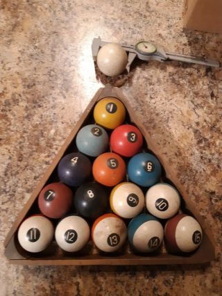 Antique Vintage Billiards Pool Ball Set Of 16,  2 " Balls With Triangle Wood Rack