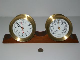 Vtg Boston Chelsea Brass Wall Mount Quartz Clock & Barometer W/ Wood Cradle 1984