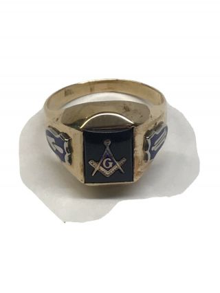 Mens 10k Yellow Gold Freemason Masonic Black Onyx Vintage Ring Size 10