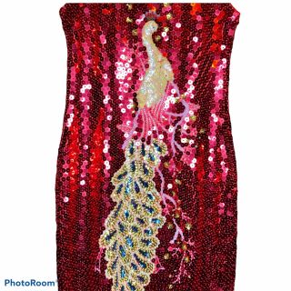 GORGEOUS Vintage 70s Red Beaded Chinese Cheongsam Qipao Dress With Gold Peacock 3