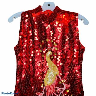 GORGEOUS Vintage 70s Red Beaded Chinese Cheongsam Qipao Dress With Gold Peacock 4