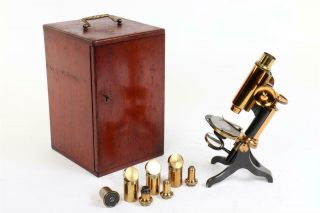 Vintage C1900 Brass Microscope With Case   1374
