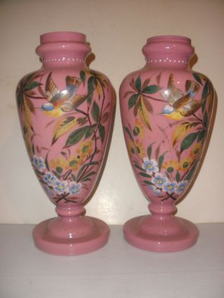 13.  5 " Pair Antique Bristol ? Pink Opaline Glass Vase Hand Painted Birds Flower