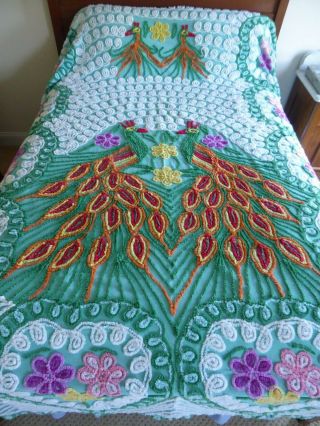 Vintage Chenille Bedspread Double Peacock Pattern Full Size Hearts Green Plush 2