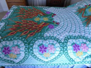Vintage Chenille Bedspread Double Peacock Pattern Full Size Hearts Green Plush 3