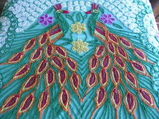Vintage Chenille Bedspread Double Peacock Pattern Full Size Hearts Green Plush 4