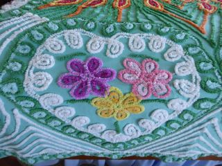 Vintage Chenille Bedspread Double Peacock Pattern Full Size Hearts Green Plush 6