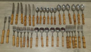 38 Pc Vtg Stainless Japan Real Bamboo Handle Stainless Steel Silverware Flatware