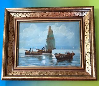 Vintage Oil Painting Nautical Coastal Fishing Landscape Boat Ship Art
