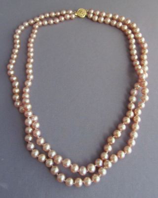 Vintage 14k Yellow Gold Double Strand Blush Rose Pink Cultured Pearl Necklace