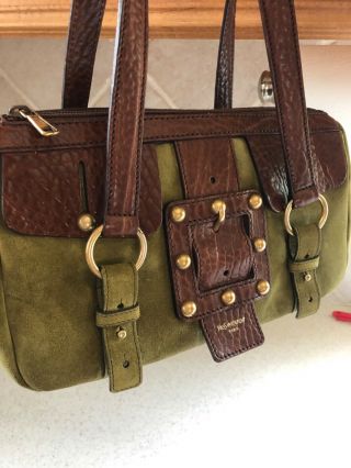 Ysl Auth,  Vintage 70s Handbag Olive Green Suede And Tan Leather.