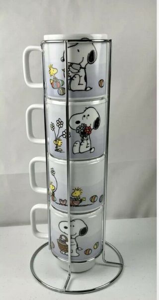 Peanuts Snoopy Easter Ceramic Stackable Coffee/tea Mugs/cups Set 4 With Stand