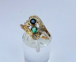 Antique Art Deco 14k Yellow Gold Sapphire,  Emerald And Diamond Ring Sz 7 1/2