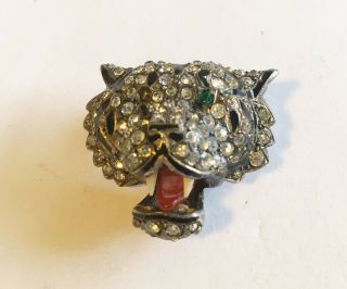Antique Sterling Life Like Tiger Head Pin With Paste Stones