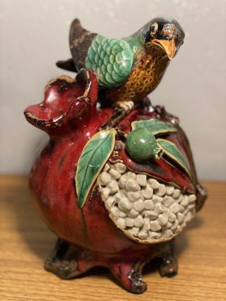 Vintage￼ Large Chinese Guangdong Pottery Vase Bird Perched Pomegranate Fruit 3 - D