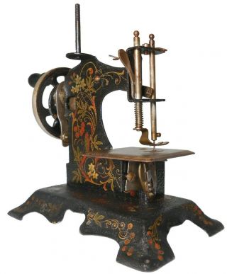 Little Beauty German Antique Hnd Pntd Cast Iron Toy Sewing Machine,  W/flora/bird