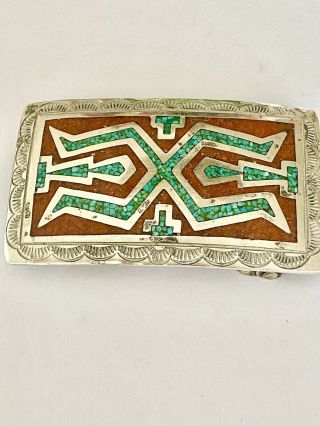 Vtg Tommy Singer Turquoise & Coral Chip Inlay Belt Buckle 47.  9 Gr.  3”l By 1.  75”w