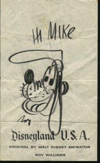 Vintage 1961 Walt Disney Animator Roy Wiliams Goofy Sketch Signed