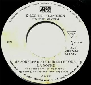AC/DC Me sorprendiste durante toda la noche PERU,  SPANISH TITLES,  PROMO 7 VG,  /EX 2