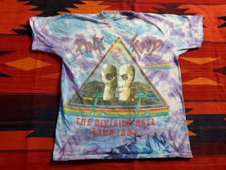 Pink Floyd The Division Bell Tour 1994 Mens T - Shirt Blue Tie Dye Crew Vtg L - Xl