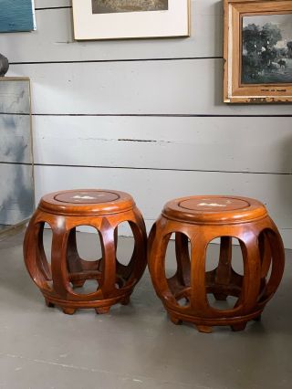 Vintage Chinese Wood Mother Of Pearl Barrel Stool / Side Tables