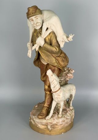 Antique Czech Royal Dux Porcelain Figurine Man With Dog And Deer Hunting 21 "
