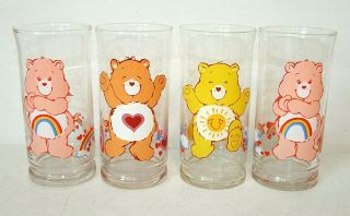 4 Vintage Care Bears Pizza Hut Collector Glasses 1983 Cheer Tenderheart Funshine