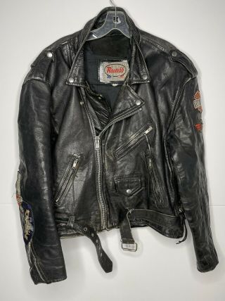 Vtg Late 60’s Route 66 Harley Logo Leather Motorcycle Jacket Black Biker Size L