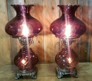 2 Vtg Glass Amethyst Purple Swirl Hurricane Lamp 20 " 2 Bulb Gone With The Wind