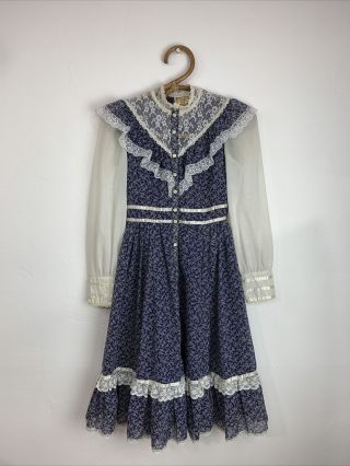 Vintage Gunne Sax Prairie Dress Blue Indigo Calico Lace Juenes Filles Jessica 10