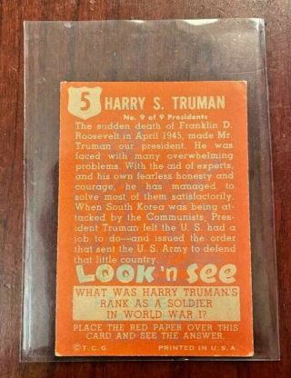 1952 TOPPS LOOK N SEE CARD 5 HARRY TRUMAN,  PRESIDENT U.  S.  1945 - 1953 2