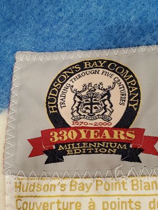 Vtg Hudson Bay 3.  5 Point Wool Blanket - Millennium Edition - Blue Stripe - England