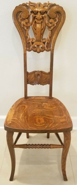 Antique Solid Tiger Oak Northwind Chair Hand Carved Quarter Sawn Gothic