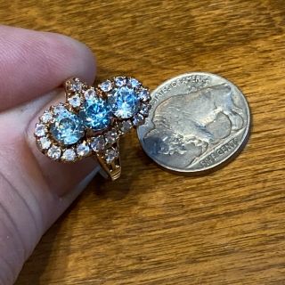 Vntg 10k Yellow Gold Ring Blue Zircons White Sapphires Long Oval Cocktail Ring 8