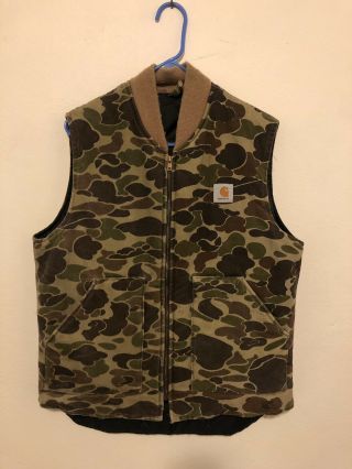 Rare Vintage Carhartt Duck Camo Insulated Vest Made In Usa Large Tall Vq 193