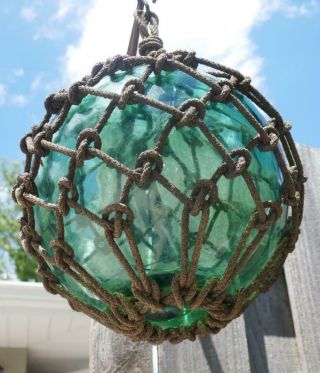 Antique Vintage Nautical Japanese Hand Blown Green Glass Fishing Float Buoy Lrg