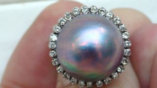 Vintage 10k White Gold Diamond Purple/blue Luminous Color Mabe Pearl Ring Size 7