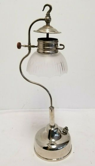 Antique Akron Gas Co.  Nickel Plated Table Lamp Or Hanging Light,  Frosted Shade