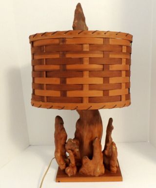 Vintage Cypress Knees Wood Sculpture Lamp Woven Whip Stitch Shade Mid Century