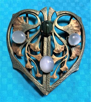 Antique Art Nouveau Moonstone Scarab Beetle Heart Shape Buckle Gold Gilt Flowers